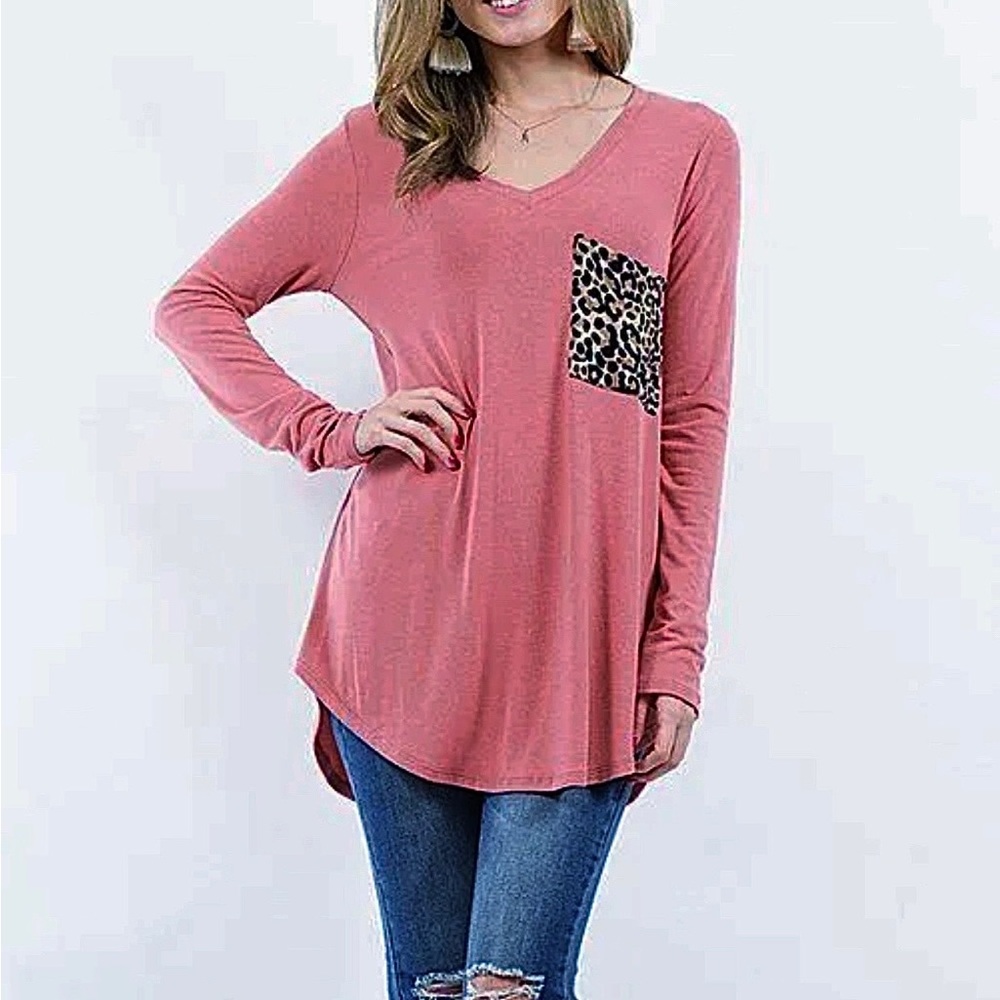 Zenana Slouchy Knit Leopard Print Pocket Top Ash Rose Pink Women's S 4/6